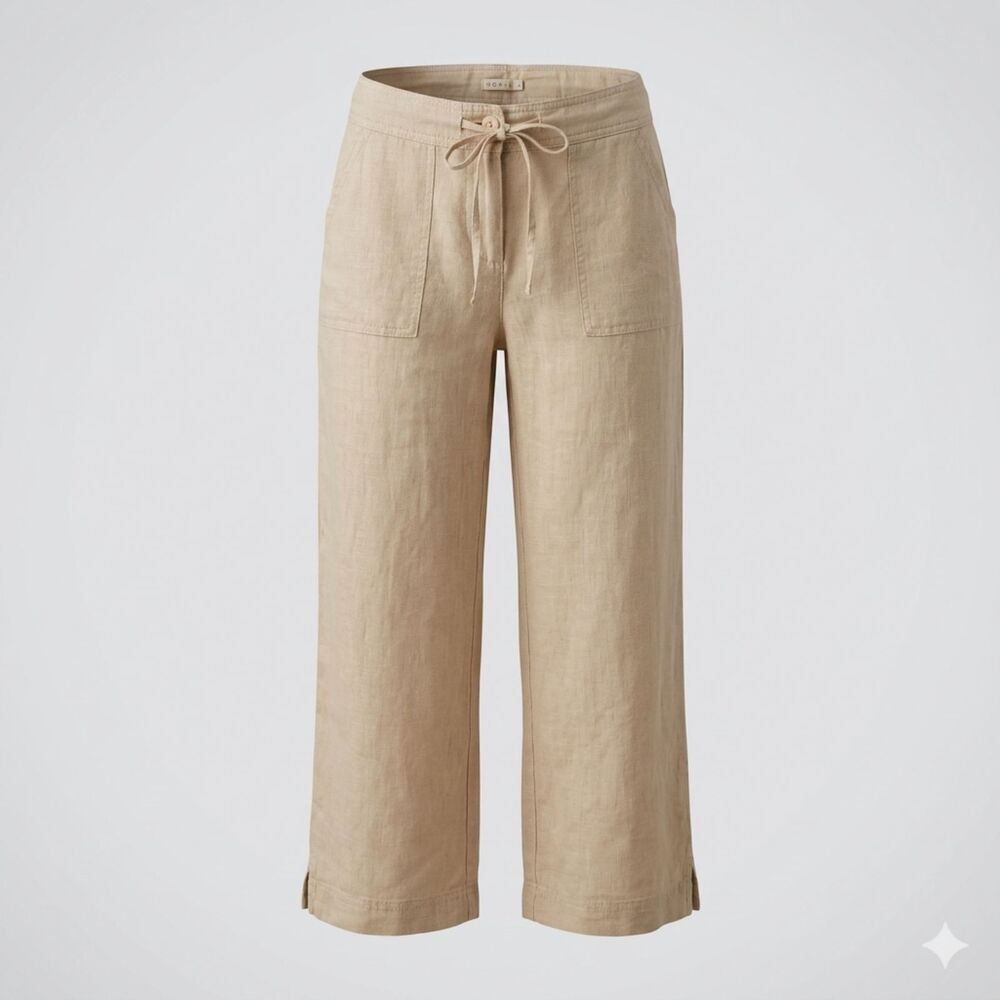 Roxie B Women's 100% Linen Wide Leg Tan‎ Crop Pants Medium Waist Tie Side Vents